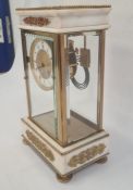Alabaster and gilt metal four-glass portico clock with eight-day striking movement, enamel chapter