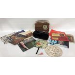 Assorted records to include Don Estelle, two radios, various serving plates, ramekin dishes, cabinet