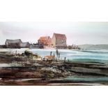 G John Blockley (1921-2002) Watercolour drawing Coastal scene, beached rowing boat and buildings,