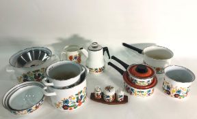 Quantity of 1970's enamel pots, mixing bowls, coffee pot with floral and bird decorated and Lord