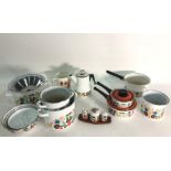 Quantity of 1970's enamel pots, mixing bowls, coffee pot with floral and bird decorated and Lord