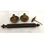 Old mahogany rolling pin with turned end handles, pair Jerusalem olivewood travelling