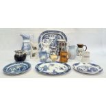 'Old Willow' pattern oval dish, a blue and white meat plate, a blue and white jug, other Victorian