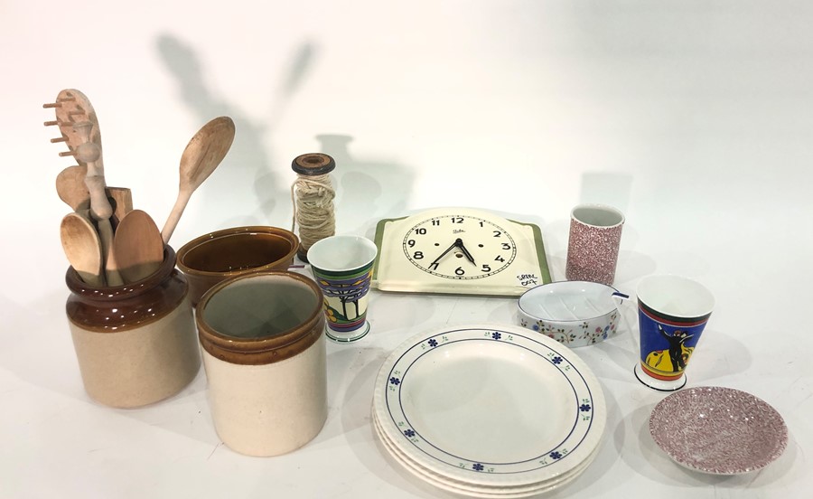 Various kitchenalia to include mixing bowls, wooden spoons, Juba ceramic wall clock, enamel