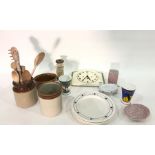 Various kitchenalia to include mixing bowls, wooden spoons, Juba ceramic wall clock, enamel