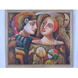 W. Mink (?) 20th century Oil on board Abstract couple with moon, signed lower right, 49 x