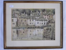E W Moy (20th century school) Watercolours Cathedral,  Polperro and another wharf scene and two
