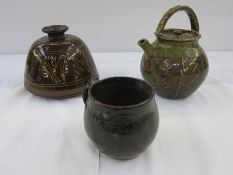 Studio pottery green glazed teapot with incised mark to base 'AGB', 20cm high, studio pottery cheese