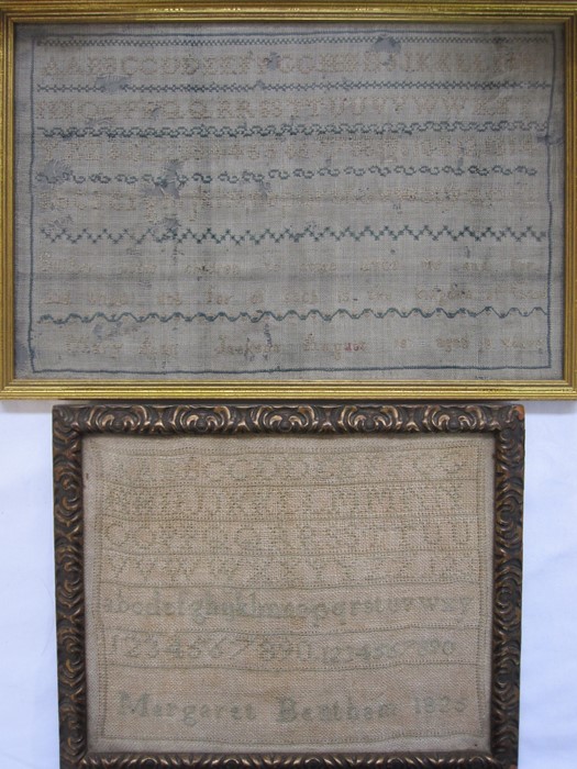 Sampler with alphabet by 'Margaret Bentham 1825', 18.5cm x 24cm (some fading) and early 19th century