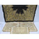 Satin embroidered cloth with gold thread fringe, 76cm x 76cm square (some wear and staining), a