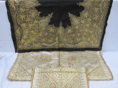 Satin embroidered cloth with gold thread fringe, 76cm x 76cm square (some wear and staining), a