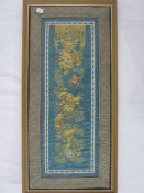 Oriental embroideries, one showing the five-fingered dragon, gold thread (3)