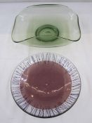 Rose glass bowl, clear with purple centre and abstract line detail, marked and dated 2003, 25cm