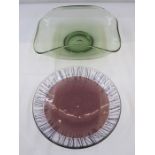 Rose glass bowl, clear with purple centre and abstract line detail, marked and dated 2003, 25cm