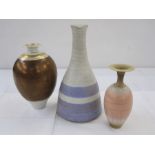 David James white studio pottery vase, Raku fired, in pink and cream, 16cm high, John Davidson