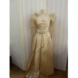 Victorian  ivory satin wedding dress with pleated bodice, full skirt, chiffon ruched sleeves -