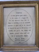 Early 19th century sampler with verse 'Virtue by Margaret Rooke, Ackworth School, 1806', 31cm x 25cm