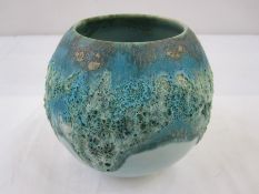 Studio pottery vase by Jan Lewin Cadogam, turquoise textured glaze, cylindrical, with initial mark