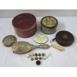 Collar box, a vintage 'Quality Street' small round tin, a plastic folded tape measure, assorted