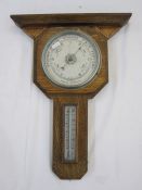 20th century oak aneroid barometer, geometric design 48cm