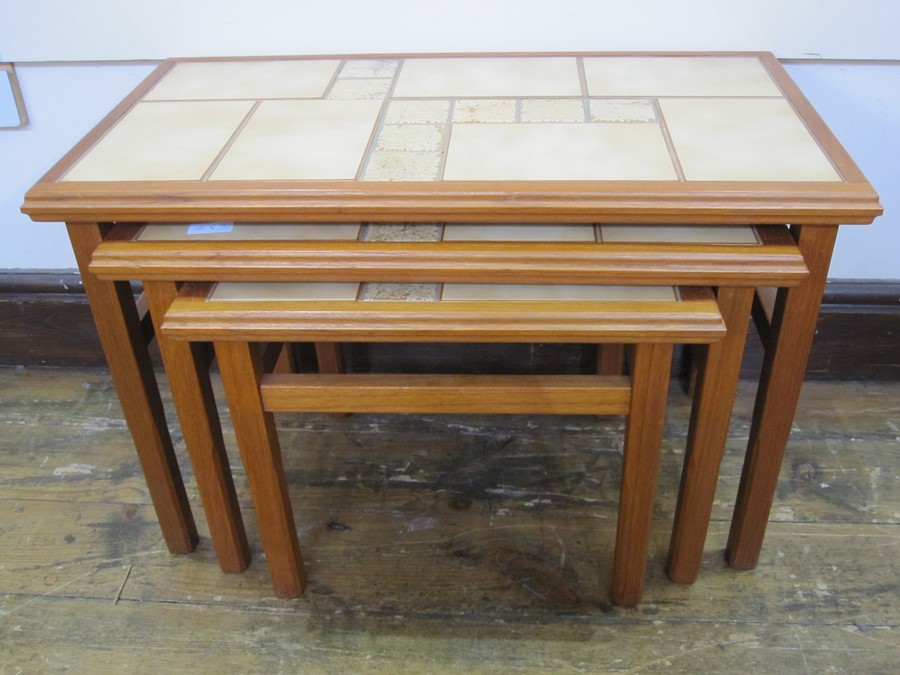 20th century nest of three tile-top tables in beige, 64cm wide