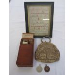Vintage wood button box with label 'Pure Linen Buttons, Best Quality, English Make', with three