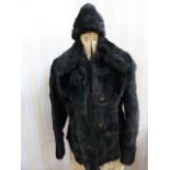 Vintage black fur jacket with suede inserts, single button fastening with matching hat