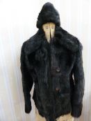 Vintage black fur jacket with suede inserts, single button fastening with matching hat