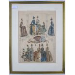 Edwardian colour fashion print showing various bustle dresses, 35cm x 25cm