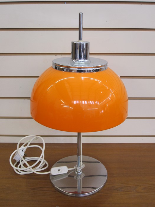 Harvey Guzzini mushroom-shaped table lamp with orange shade, chrome finial and base Condition