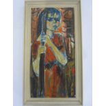 20th century school Oil on canvas Study of a young girl holding a stick, signed indistinctly