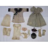 Victorian doll's clothes to include two pairs of gloves, a silk dress and top, undergarments, pair