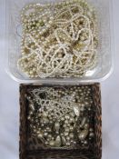 Quantity of faux-pearl costume jewellery, triple-string of freshwater pearls and similar (2 boxes)