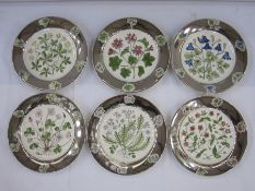 Set of six Wedgwood Arts & Crafts plates by Alfred Powell, each with silver lustre rims and floral