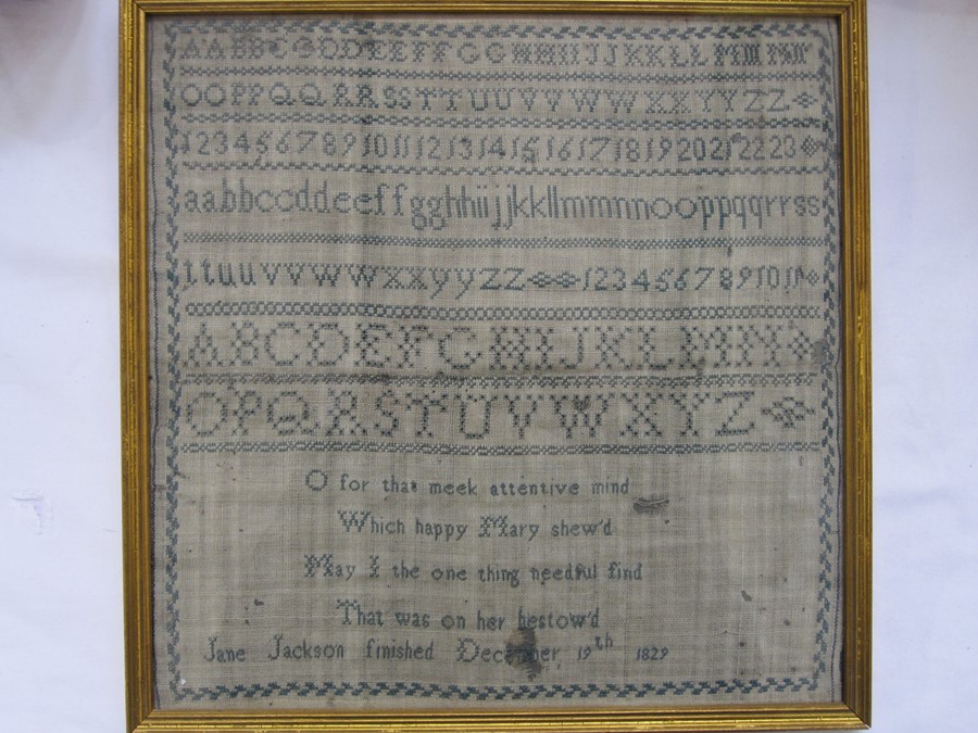 19th century sampler with alphabet and verse by 'Jane Jackson, December 19th 1829', 33cm square