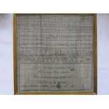 19th century sampler with alphabet and verse by 'Jane Jackson, December 19th 1829', 33cm square