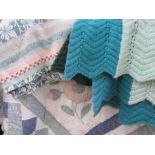 Modern quilt, a wool counterpane and a knitted blanket (1 box)