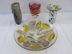 Four studio glass items to include studio glass bowl with yellow and silvered leaf decoration and