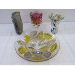 Four studio glass items to include studio glass bowl with yellow and silvered leaf decoration and