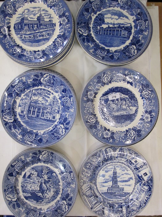 Old English Staffordshire ware blue and white transfer-printed plates, various American historical