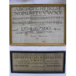 Sampler in black with alphabet and numbers by 'Sarah Harrison 1823', 21cm x 31cm (some staining) and