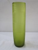 Richie Alli large green Art glass vase, cylindrical with incised line detail, marked to base,