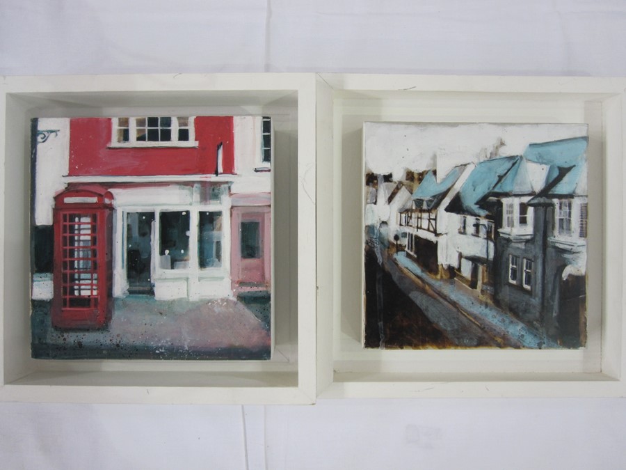 Camilla Dowse Acrylic "Red phone box, Oxford",  and a Brighton Street Scene, a pair, one labelled to