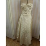 1950's brocade evening dress, full skirted, strapless bandeau top, button detail to the back, a