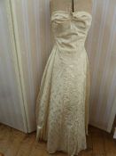 1950's brocade evening dress, full skirted, strapless bandeau top, button detail to the back, a