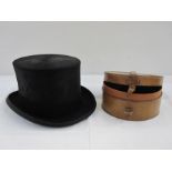 Black top hat marked 7¼ or 59cm, 100% fine fur felt and a leather collar box (2)