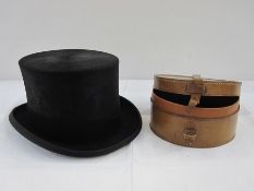 Black top hat marked 7¼ or 59cm, 100% fine fur felt and a leather collar box (2)