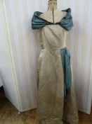 1950's figured satin evening dress with Oriental print, labelled 'Patricia Anne, Beauchamp Place,