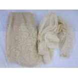 Net and lace skirt from a dress, late 19th century, one ruched sleeve and another short length of