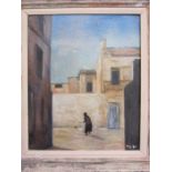 P Blackmon (20th century school)  Oil on board Woman feeding chickens in Mediterranean street,